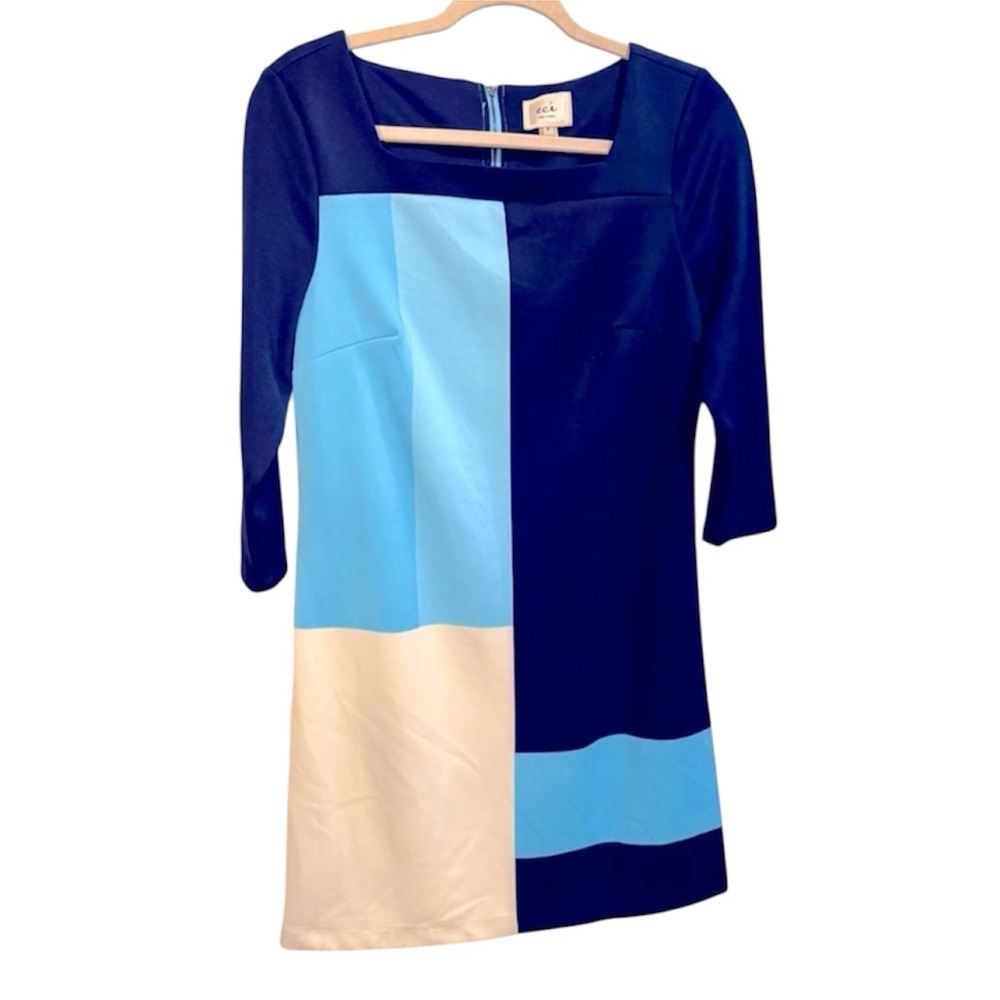 NWT Eci Navy and Light‎ Blue color block Long Sleeve Dress Sz 8